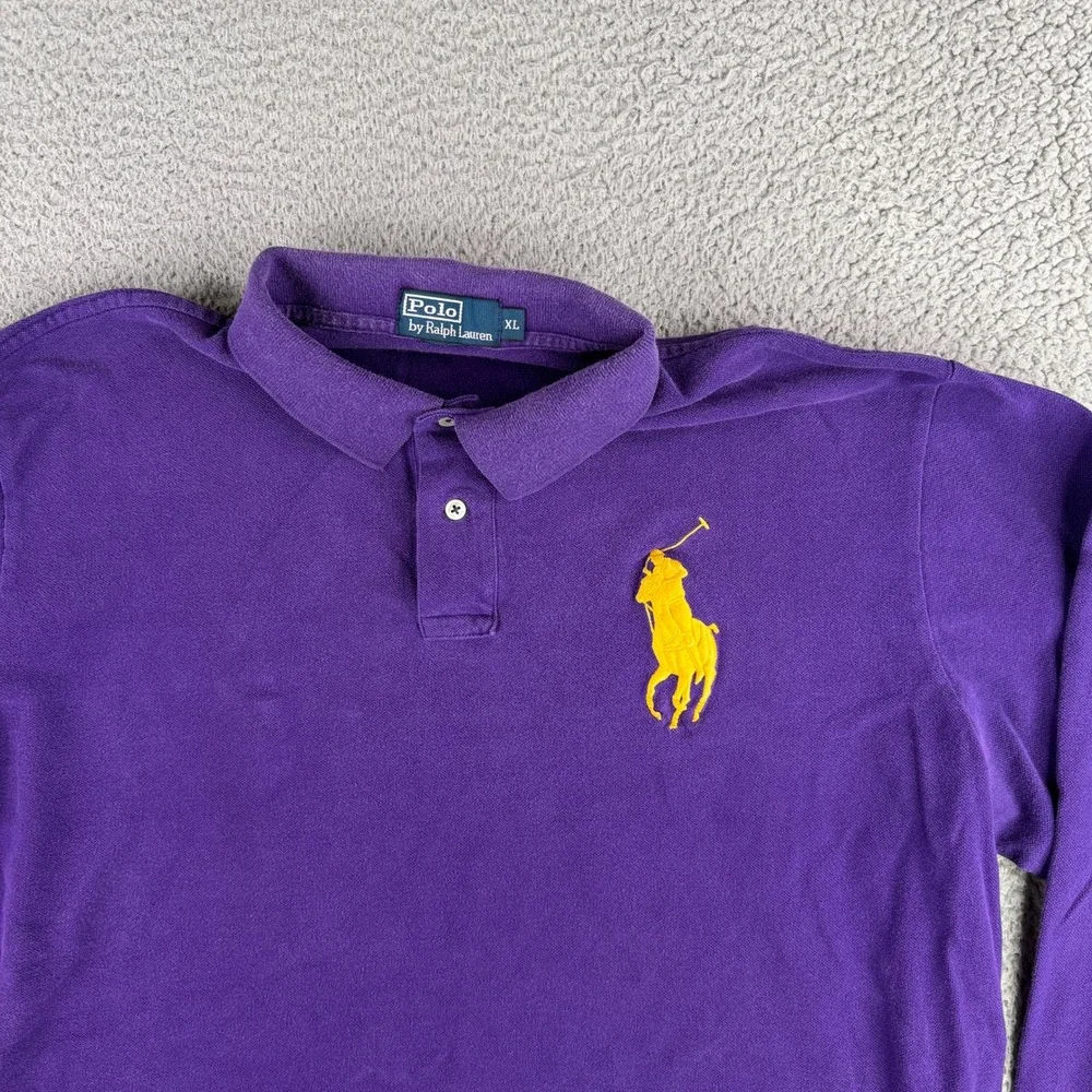 Polo Ralph Lauren Polo Shirt Mens XL Purple Big Pony Long Sleeve Yellow Logo 3
